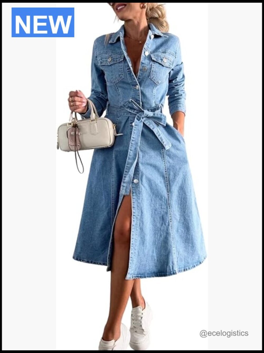 Long Sleeve Belted Denim Shirt Dress A-Line Business Casual Midi Coat Jacket